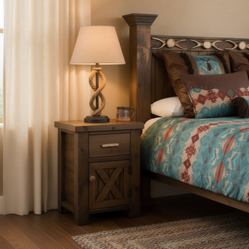Barnwood Enclosed Nightstand with Antler Pulls in Lodge Setting.