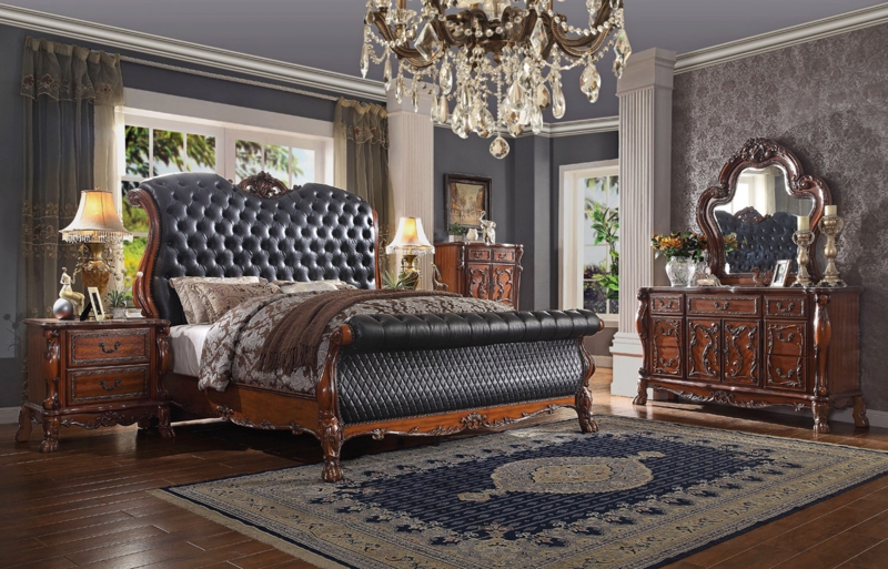 Baroque Panel Bed Antique Gold Carvings, Dark Brown Tufted Leather-like