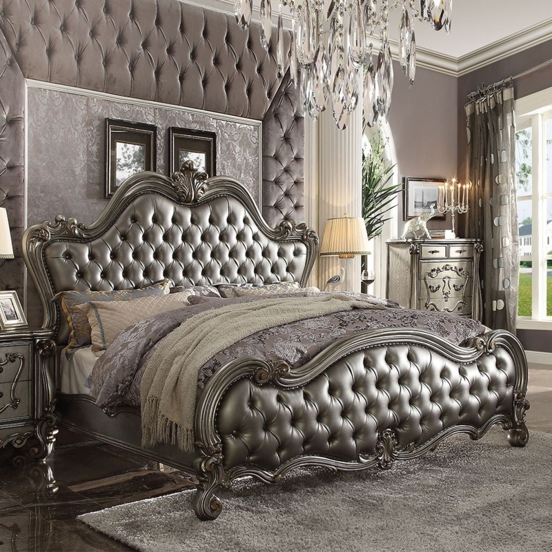 Baroque Style Bed with Antique Platinum Finish and Scrolled Carvings