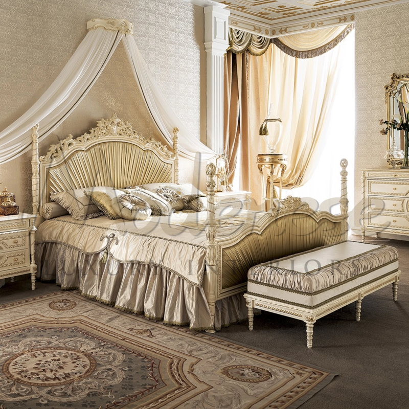 Bed Beige Deep Button Tufting Gilt Carved Frame French Empire Design