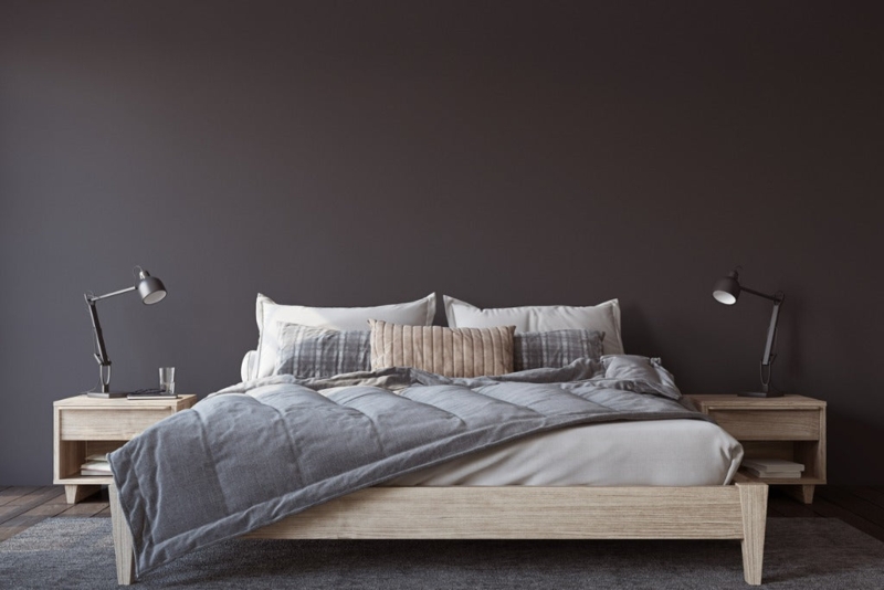 Bed Charcoal Accent Wall, Wall Mounted Shelf. Scandinavian Dark Accent Wall.
