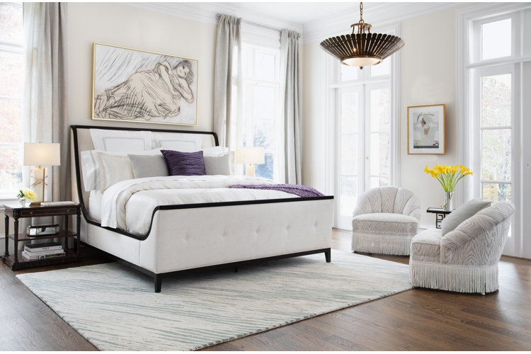 Bed Cream Upholstered Curved Tufted Headboard Crystal Chandelier Glam