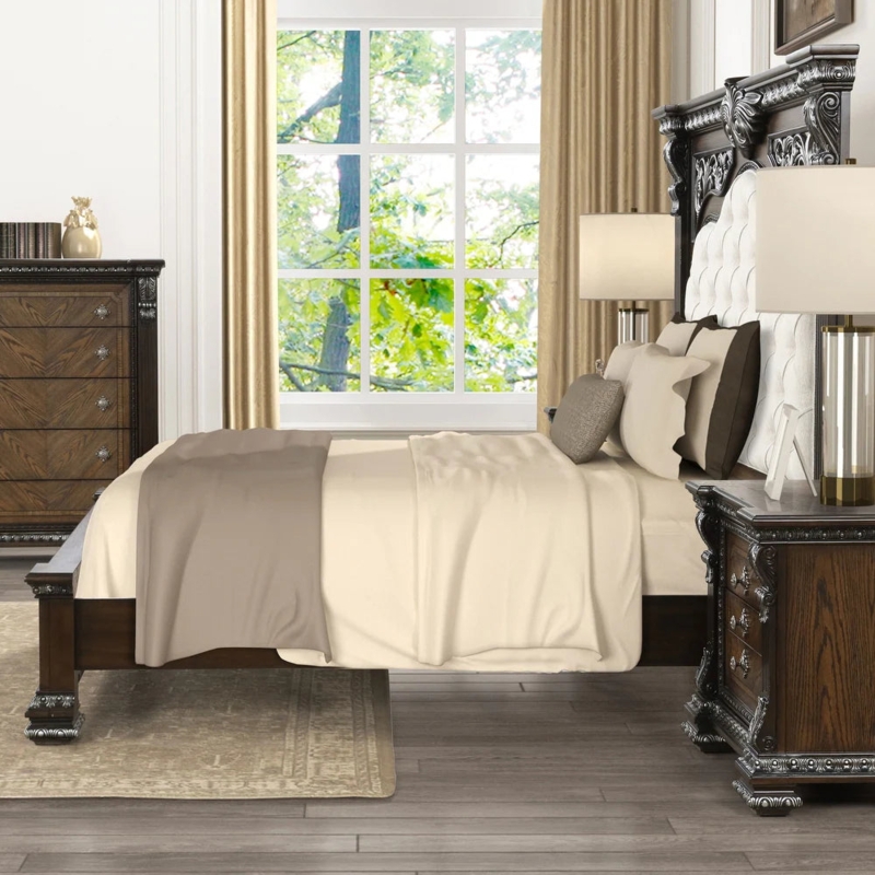 Bed Espresso Finish Beige Diamond Tufting Wood Carvings Traditional