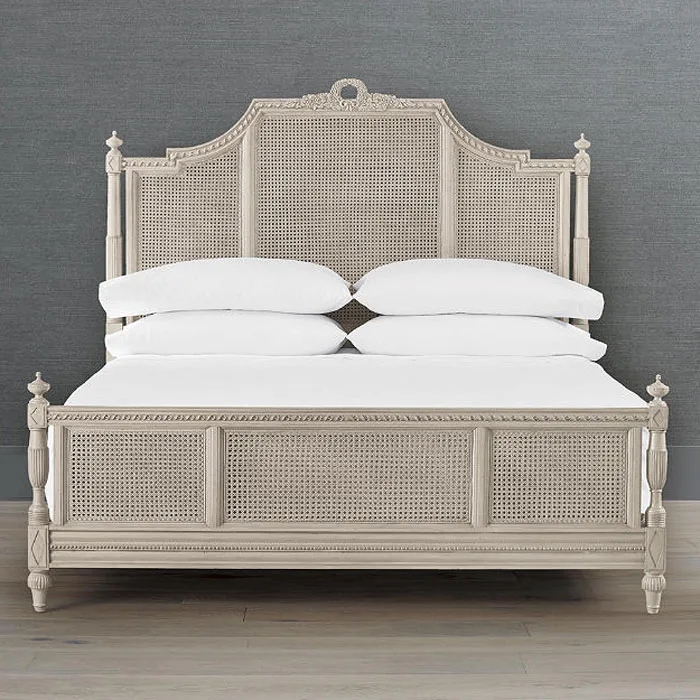 Bed Floral Carved Crest Upholstered Insets Arched Carved Wood Bed