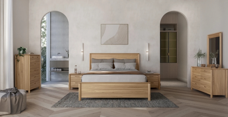 Bed Frame Angled Headboard, Light Natural Wood. Modern Angled Headboard Bed.