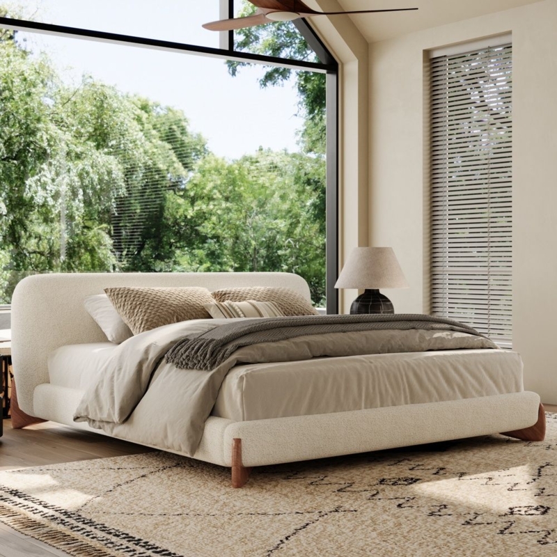 Bed Frame Boucle Texture with Oversized Padded Curved Headboard