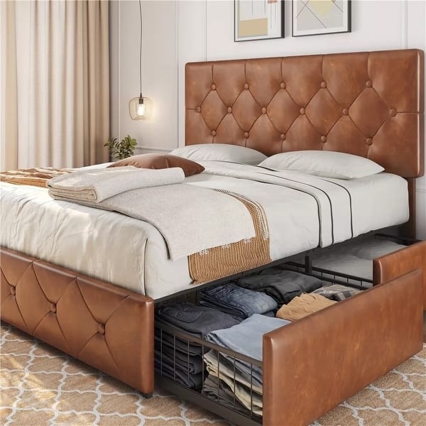 Bed Frame Brown Faux Leather Integrated Storage Drawers Tufted