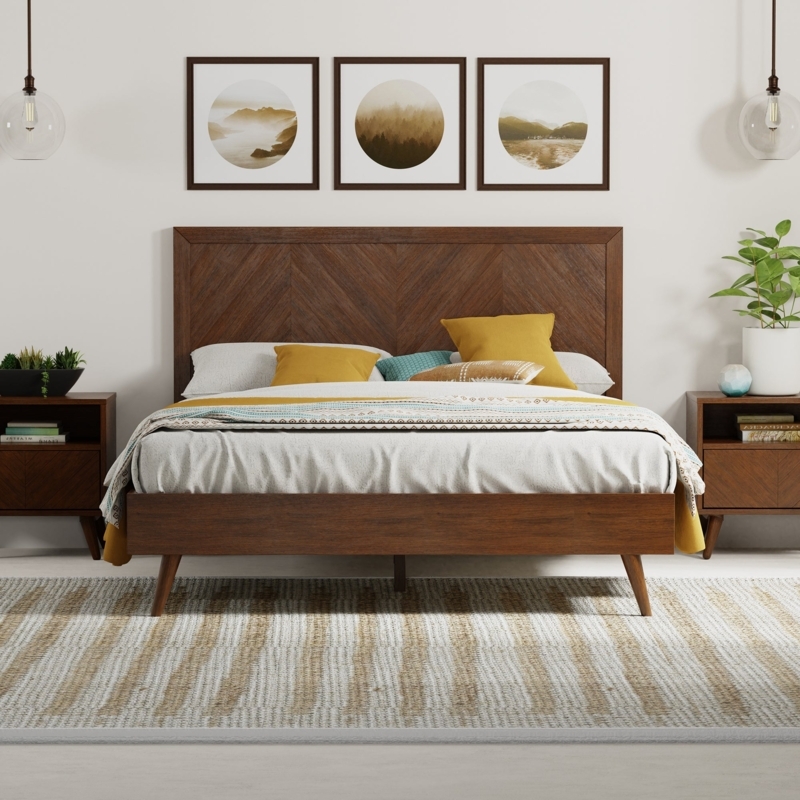 Bed Frame Chevron Headboard Pattern Tapered Legs Mid Century Modern
