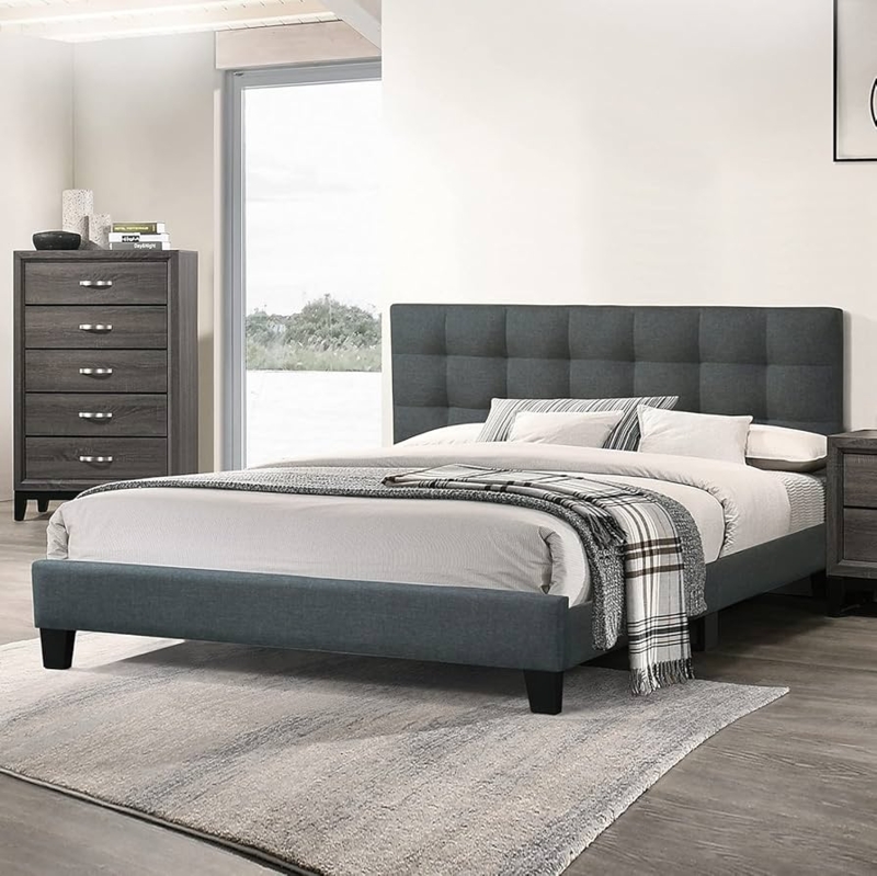Bed Frame Diamond Tufting Wingback Headboard Block Feet