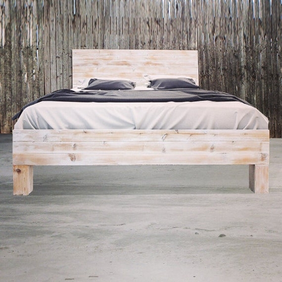 Bed Frame Distressed Whitewashed Plank Style Coastal Rustic