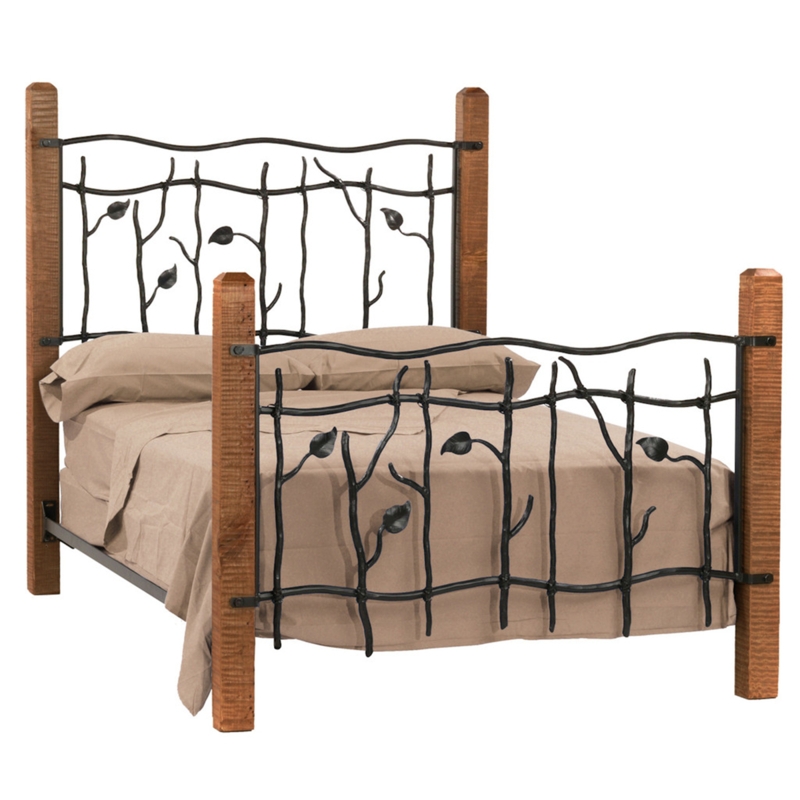 Bed Frame Hand Forged Iron Vine Design Wood Panels Artisan