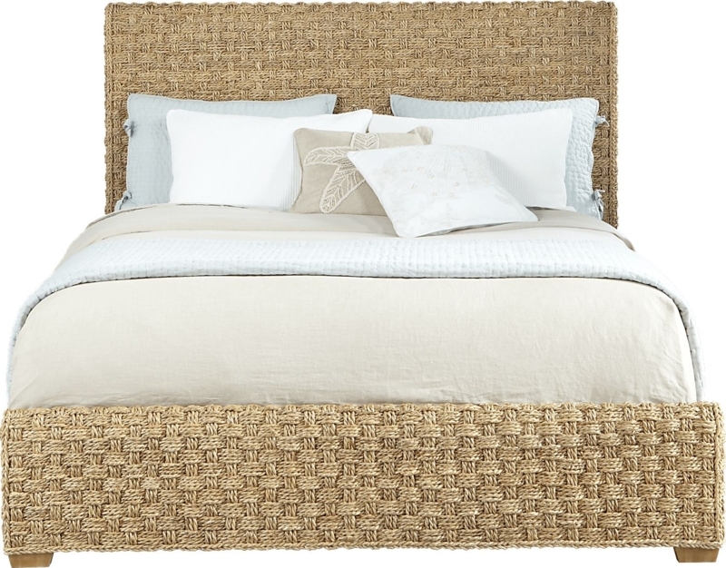 Bed Frame Honey Wood Finish Woven Panels Arched Tropical Style