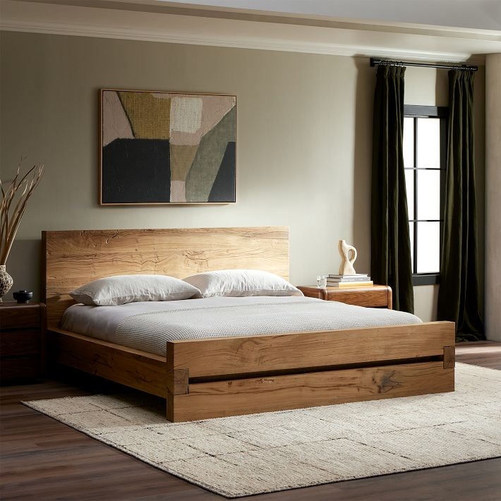 Bed Frame in Reclaimed Oak with Slatted Headboard Rustic Modern Style