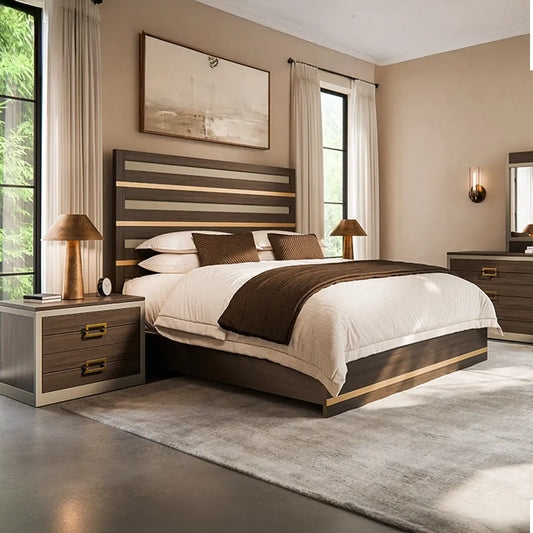 Bed Frame Inset Upholstery Dark Wood Contrast Design