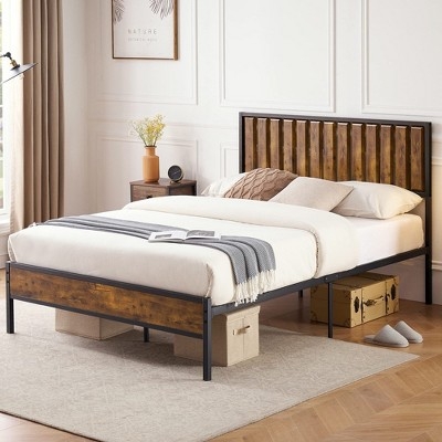 Bed Frame Matte Finish Vertical Slatted Wood Headboard Platform