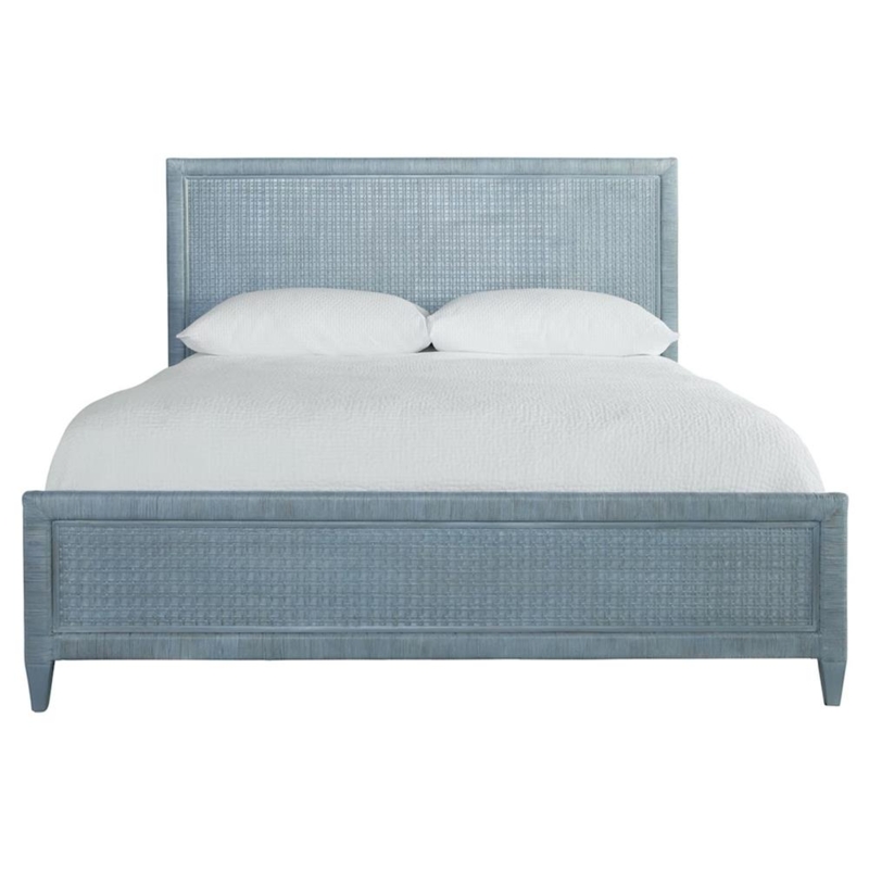 Bed Frame Navy Blue Rattan Panels Wood Contrast Nautical Style