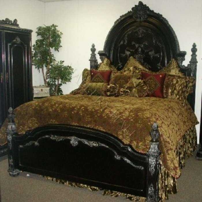 Bed Frame Ornate Black and Gold Bed Egyptian Pharaoh Carvings Victorian