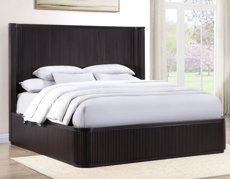 Bed Frame Reeded Surface Headboard Transitional Stately Design Wood Toned