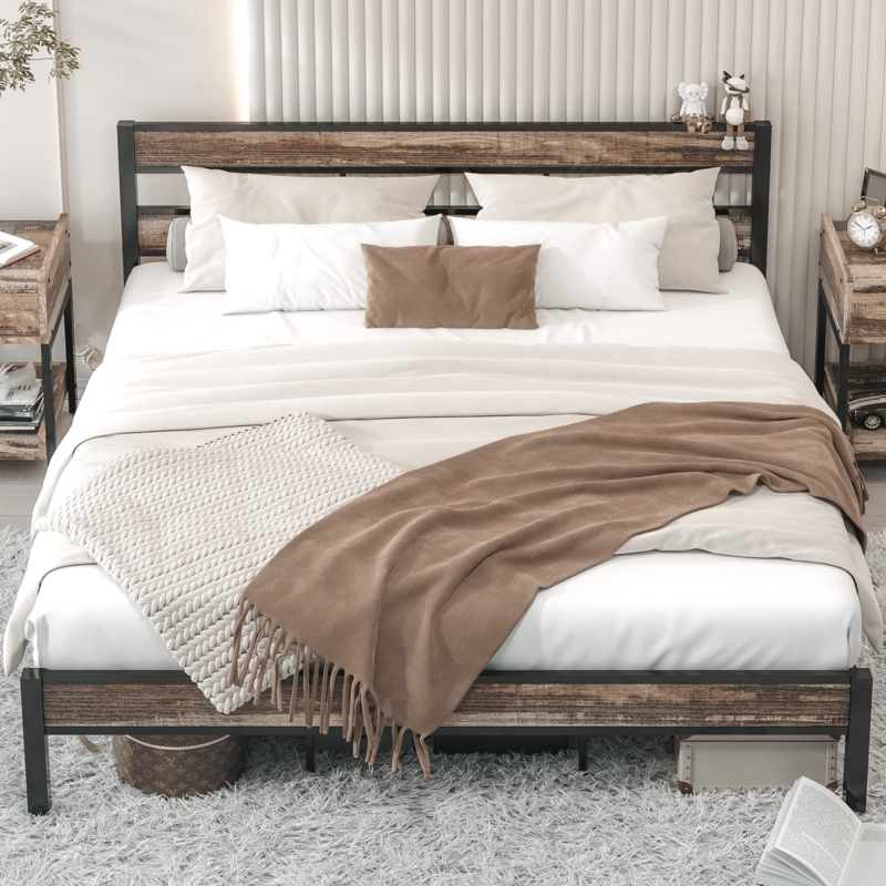 Bed Frame Rustic Brown Wood Black Metal Mixed Material Headboard
