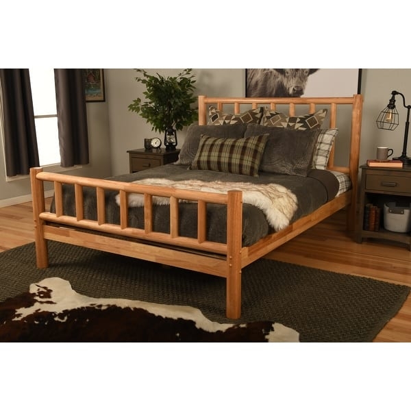 Bed Frame Rustic Natural Finish Block Legs Paneled Headboard