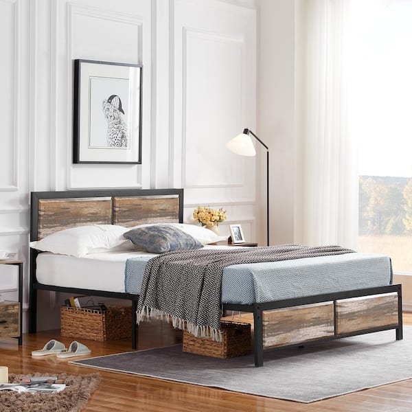 Bed Frame Slate Brown Wood Look Queen Platform Farmhouse Style