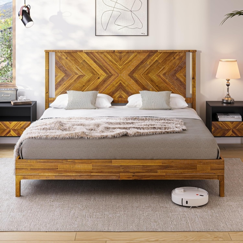 Bed Frame Slatted Headboard, Honey Finish, Solid Wood. Scandinavian Style.