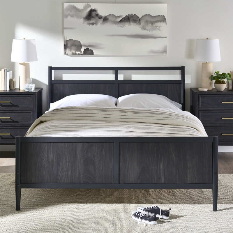 Bed Frame Spindle Headboard Charcoal Finish Wood Toned Farmhouse