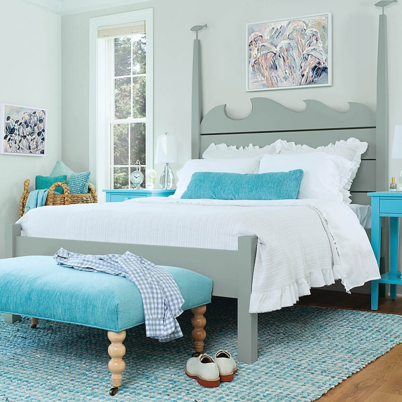 Bed Frame Teal Finish Scalloped Headboard Coastal Cottage Style