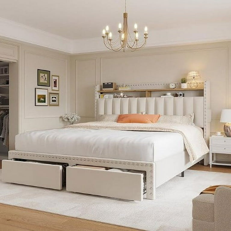 Bed Frame Upholstered with Integrated Charging & Headboard Storage