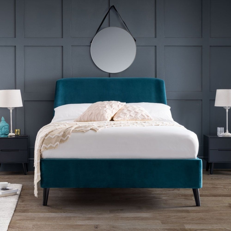 Bed Frame Velvet Channeled Headboard Wood Tapered Legs Mid-Century