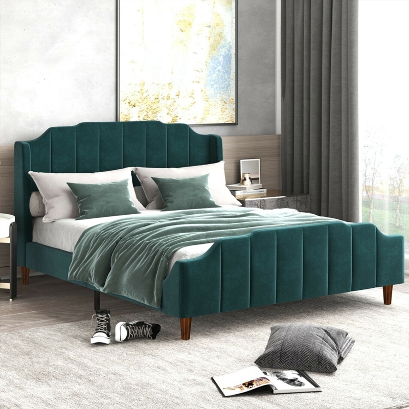 Bed Frame Velvet Curved Headboard Low Profile Base