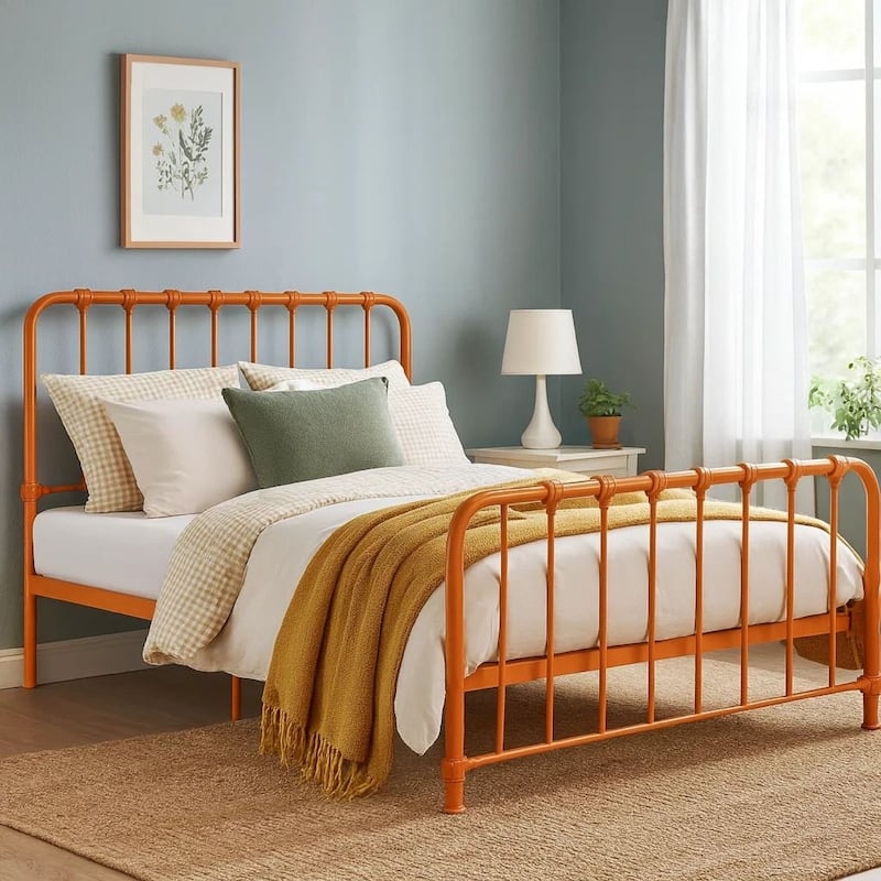 Bed Frame Vibrant Orange Metal Spindle Headboard & Footboard Retro Style
