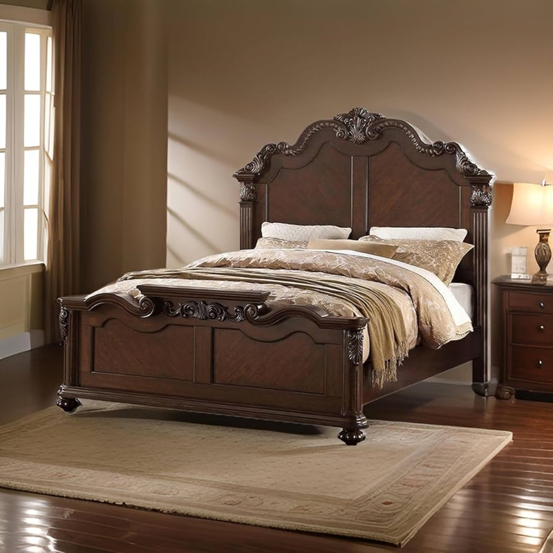 Bed Frame Victorian Style Dark Walnut Intricate Crown Carving