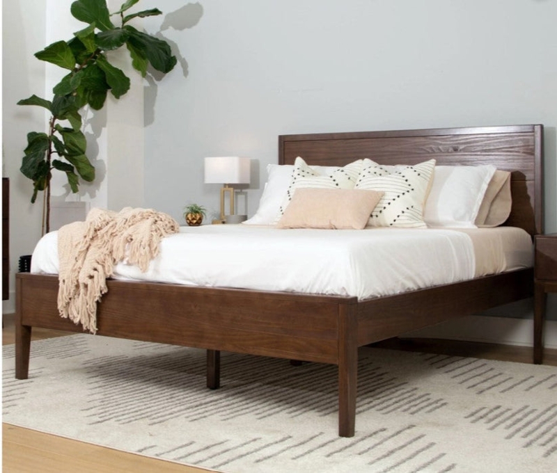 Bed Frame Walnut Tone, Panel Headboard. Scandinavian Walnut Bed Frame Styling.