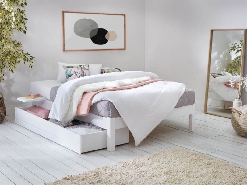 Bed Frame White Wood Vertical Slats Scandinavian Minimalist