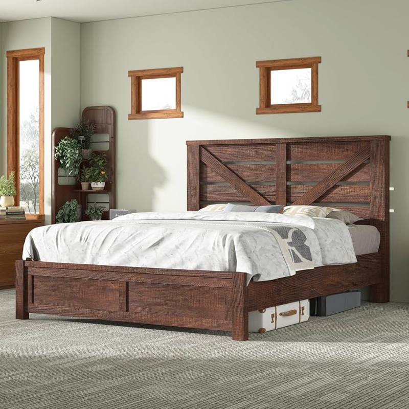 Bed Frame with Barn Door Headboard in Weathered Gray Finish