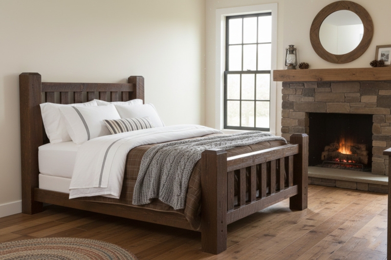 Bed Frame with Barnwood Planks and Chunky Log Corner Posts