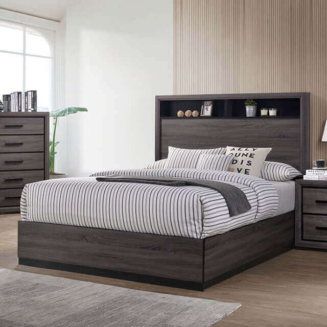 Bed Frame with Dark Upholstery and Winged Headboard Design