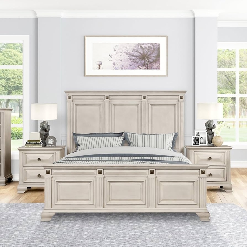 Bed Frame with Distressed Parchment Finish Paneled Silhouette Rustic