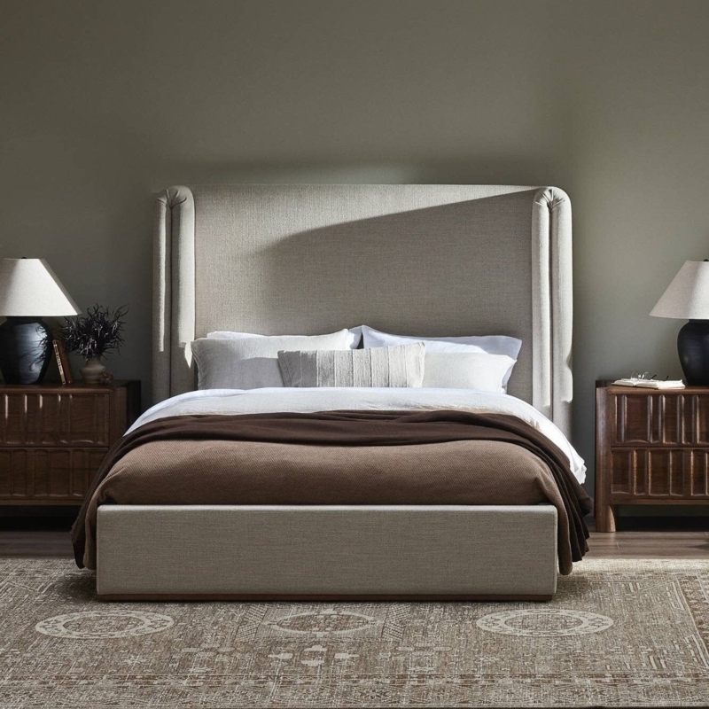Bed Frame with Horizontal Channeling and Wood Plinth Base