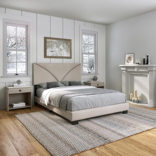 Bed Frame with Linen-Like Rectangular Padded Headboard and Low Profile