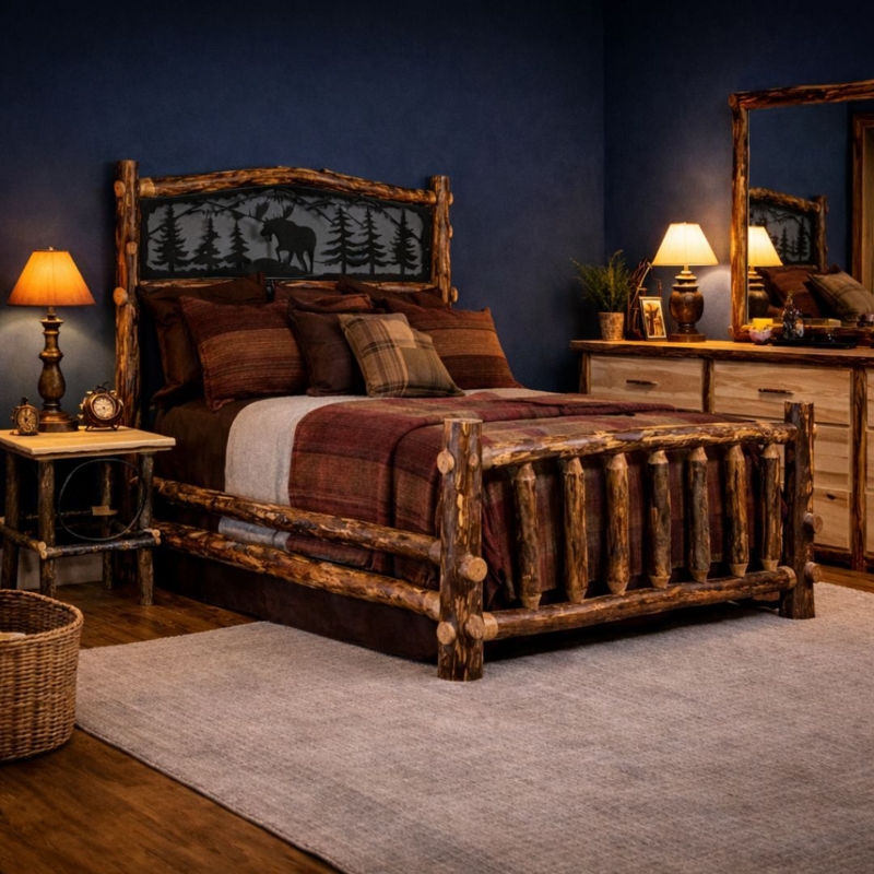 Bed Frame with Log Posts and Metal Tree Silhouette Inserts