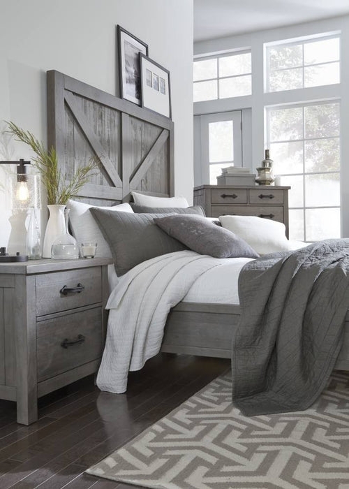 Bed Frame with Plank Headboard and Dark Metal Corner Accents
