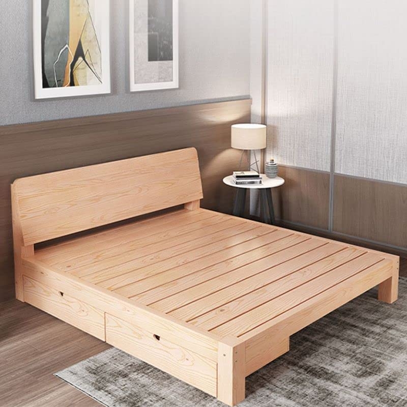 Bed Frame with Pull-out Trundle, Natural Wood. Space Saving Guest Bed Solution.