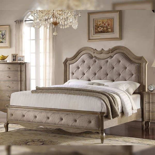 Bed Frame with Scrolled Carvings, Button Tufting, and Antique Finish