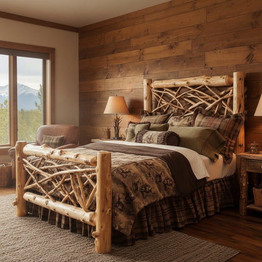 Bed Frame with Sunburst Twig Pattern and Unpeeled Log Posts