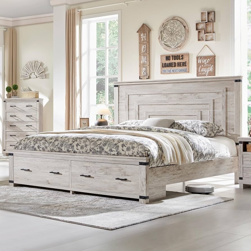 Bed Frame with Tall Chevron Headboard and Integrated Storage Drawers