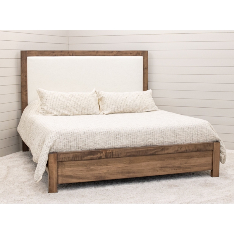 Bed Frame with Upholstered Headboard, Dark Wood & Low Profile Footboard