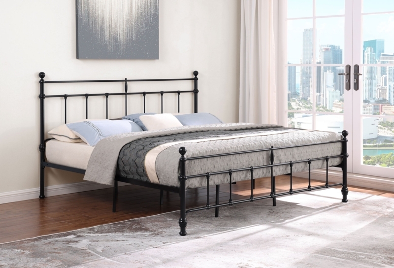 Bed Frame with Vertical Slat Detail, Rounded Corners, Matte Black Metal