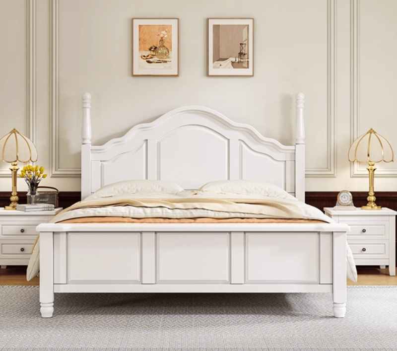 Bed Frame with Whitewashed Arched Headboard, French Country Inspiration.